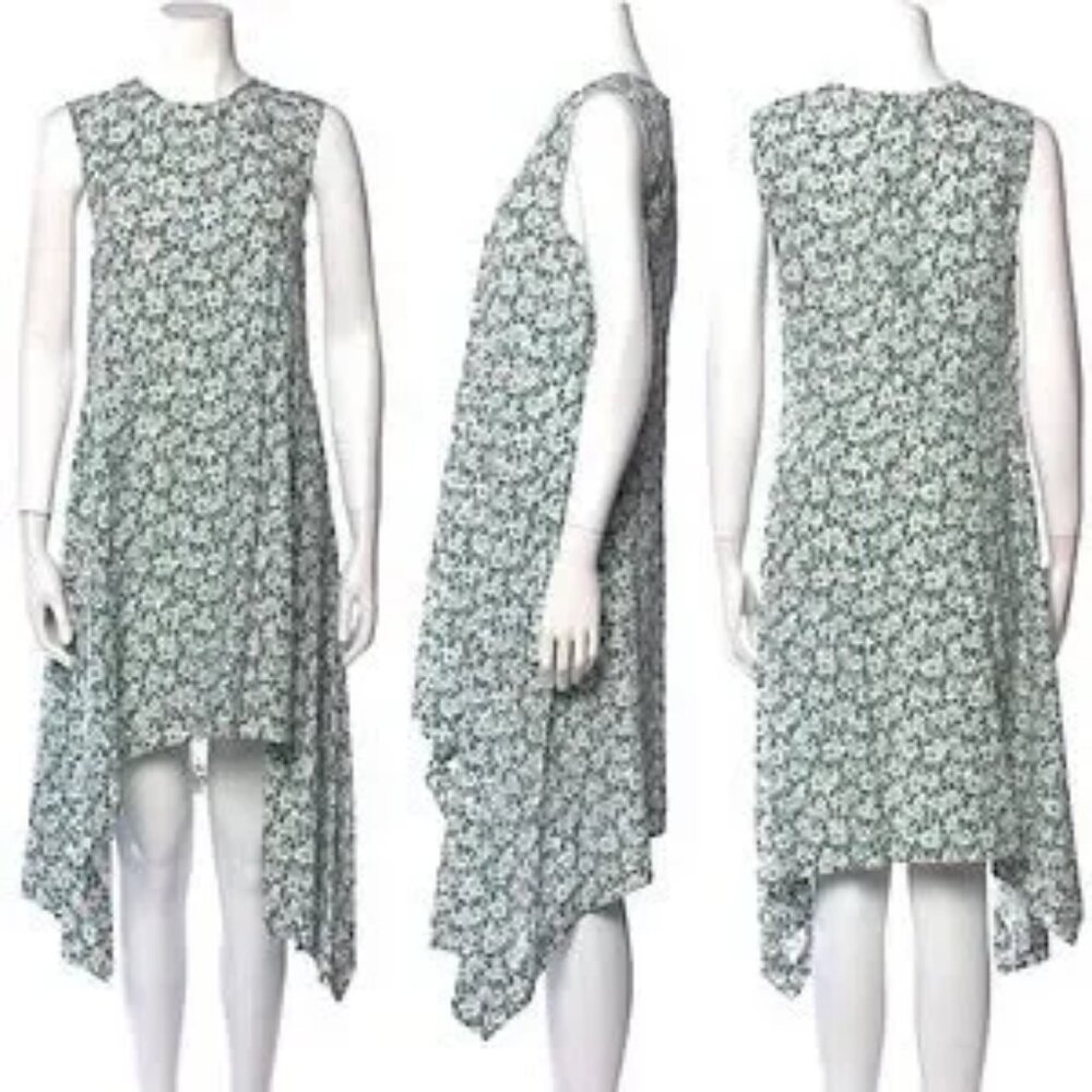 Marni Dress - Green Black and White Floral asymmetrical handkerchief hem